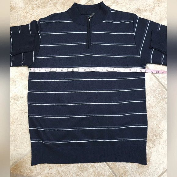 Line 48 Mens Large Navy Blue White Stripe 1/4 Zip Mock Neck Sweater Preppy VTG - Picture 7 of 8